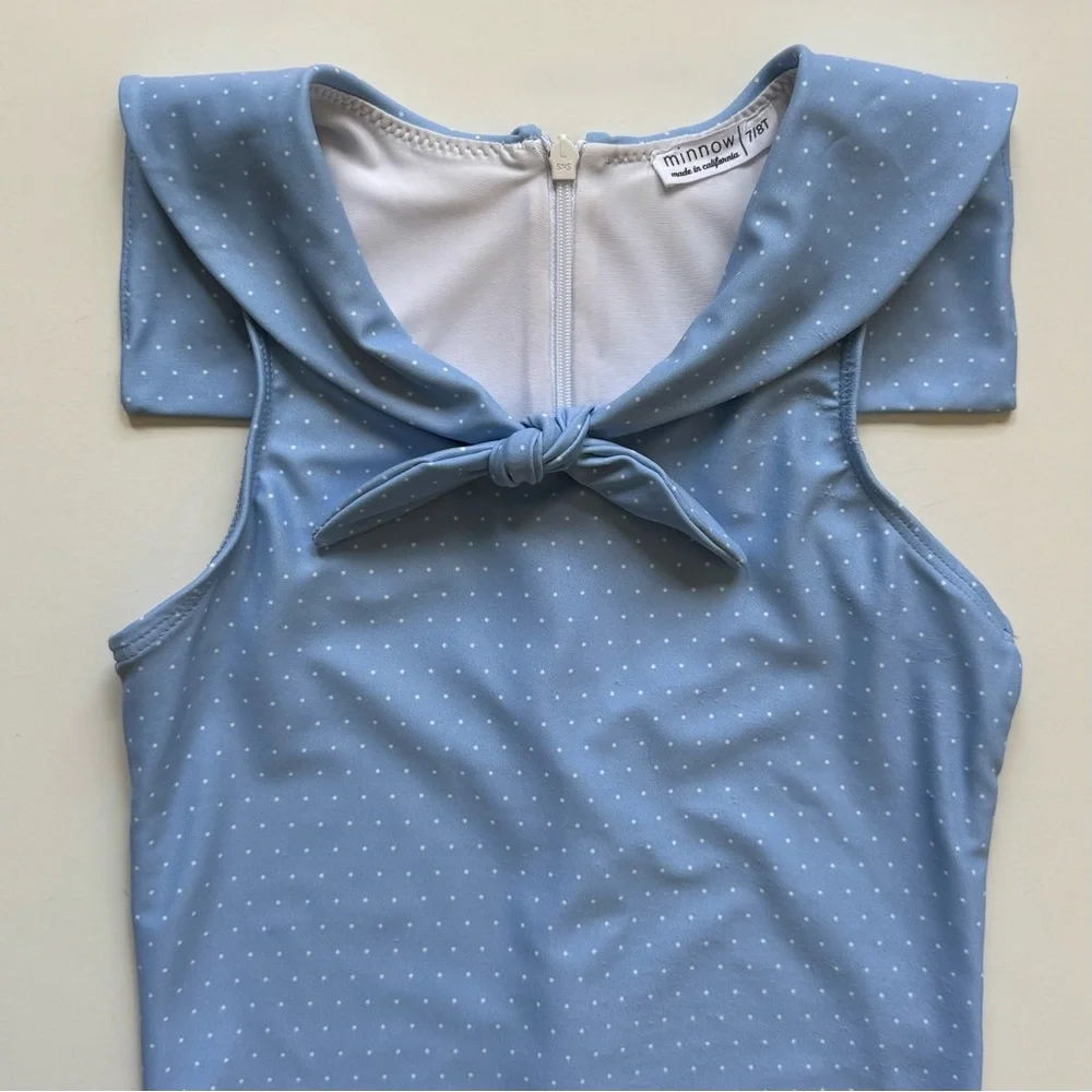 Minnow Girl's Mulberry Blue Dot Sailor One-Piece Swimsuit - Size 7/8T